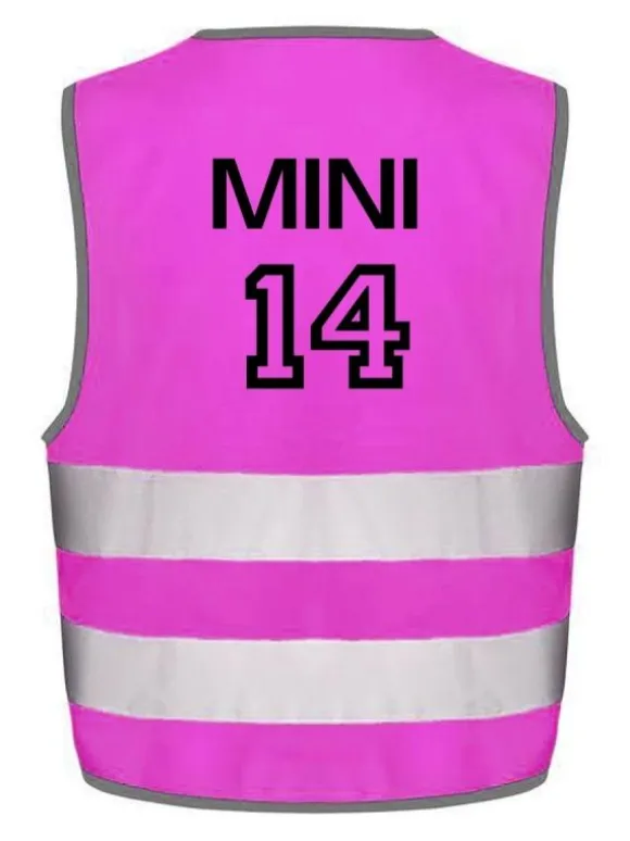 Huomioliivi lapsen omalla nimellä ja numerolla, pinkki